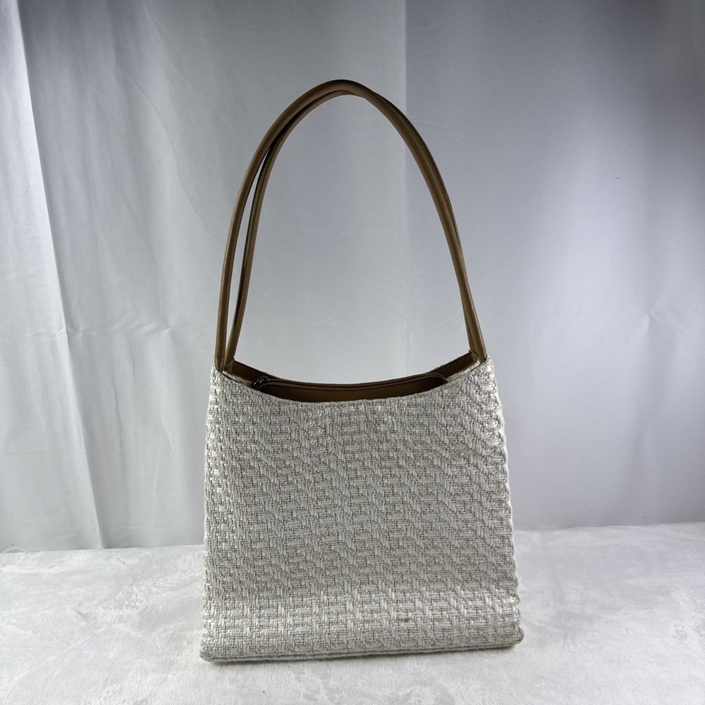 Fossil Shoulder Bag 75082 Weave Pattern White Brown 13" X9" From Handle